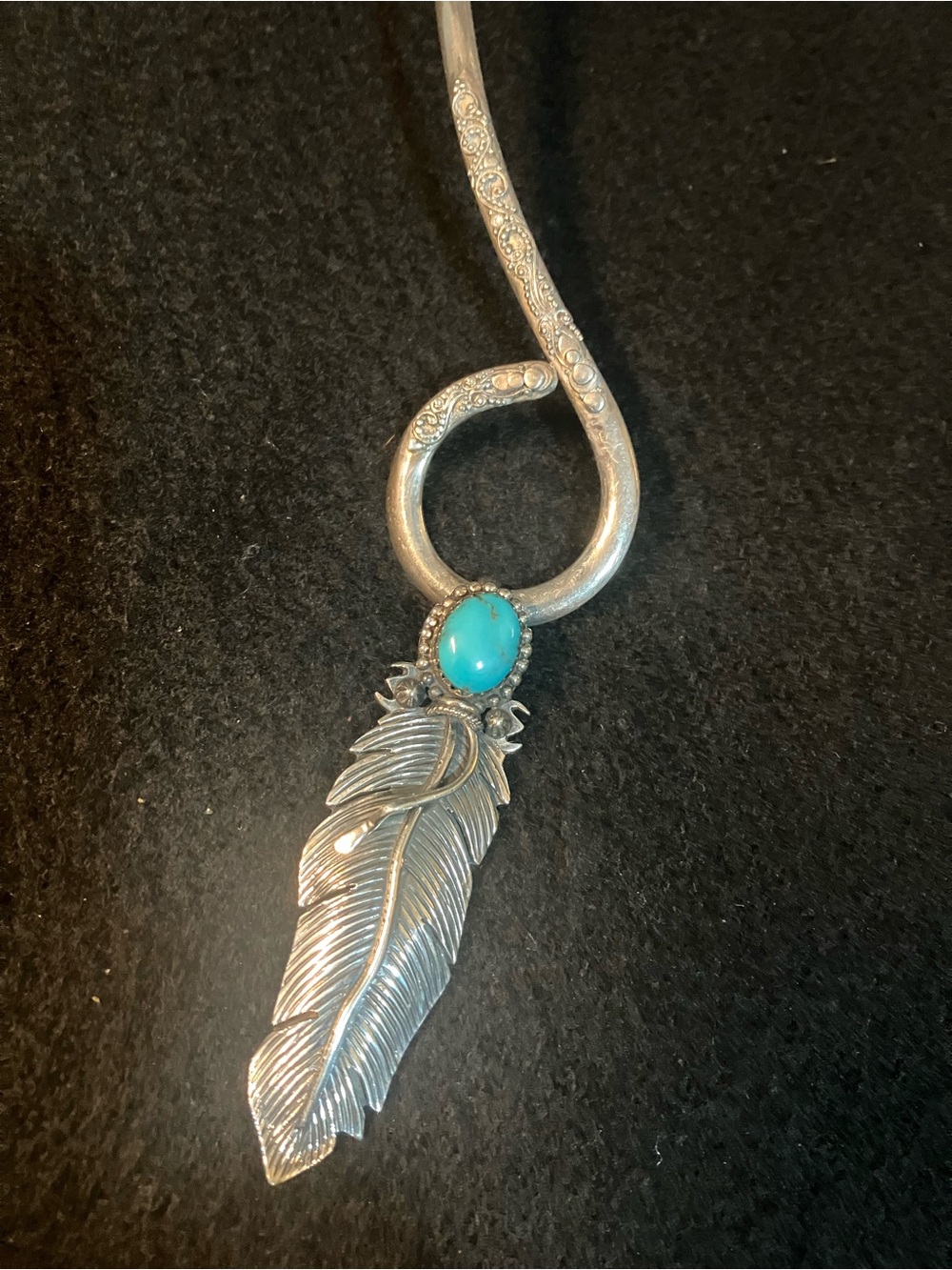 Native American Sterling Silver Turquoise Feather Necklace - Picture 2 of 4
